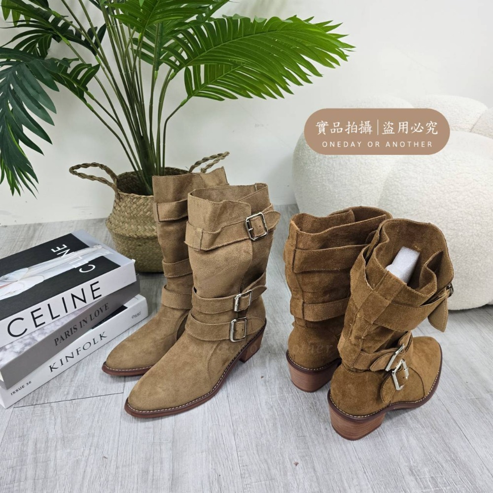 韓版絨面皮帶扣粗跟中筒靴 西部牛仔靴 增高靴 馬丁靴 機車靴 騎士靴 高跟短靴 膝下靴 粗跟素面短靴 中筒靴 813-細節圖9