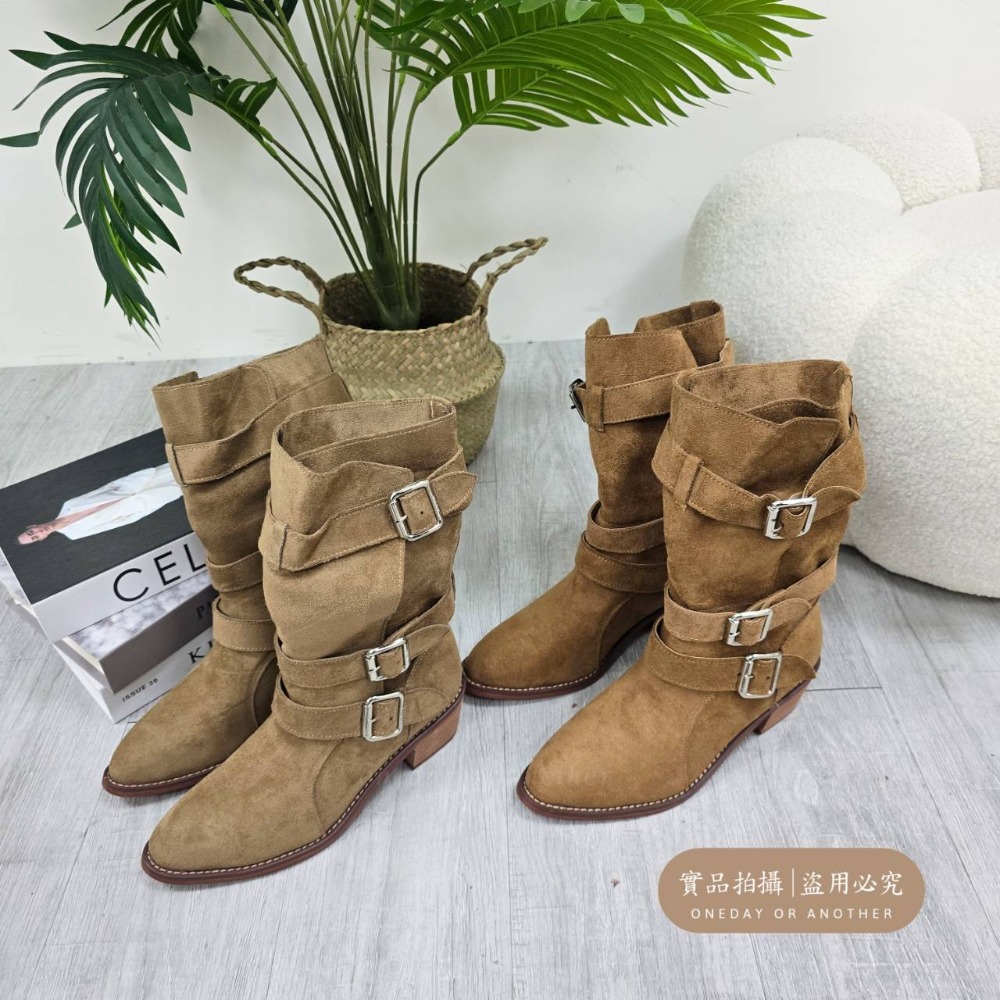 韓版絨面皮帶扣粗跟中筒靴 西部牛仔靴 增高靴 馬丁靴 機車靴 騎士靴 高跟短靴 膝下靴 粗跟素面短靴 中筒靴 813-細節圖10