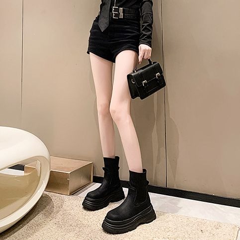 拼接襪套式短靴 切爾西靴 英倫風 短筒靴 短靴 踝靴 厚底靴 鬆糕靴 鋸齒靴 彈力靴 短靴 韓版靴 K90-細節圖3