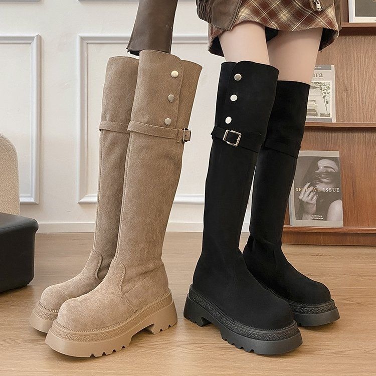 多種穿法🤎絨面側排釦粗跟過膝長靴 厚底長靴 瘦瘦靴 長筒靴 高筒 增高 厚底 顯瘦 騎士靴 長靴 膝下靴 G9808-細節圖2