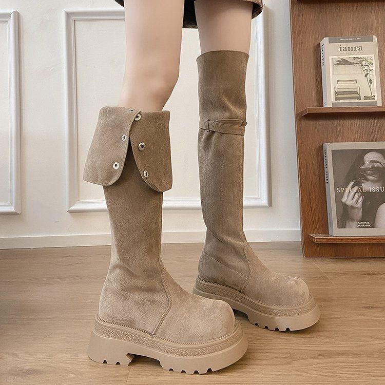 多種穿法🤎絨面側排釦粗跟過膝長靴 厚底長靴 瘦瘦靴 長筒靴 高筒 增高 厚底 顯瘦 騎士靴 長靴 膝下靴 G9808-細節圖6