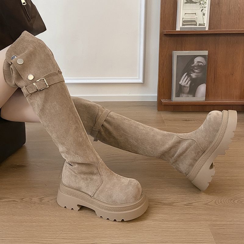 多種穿法🤎絨面側排釦粗跟過膝長靴 厚底長靴 瘦瘦靴 長筒靴 高筒 增高 厚底 顯瘦 騎士靴 長靴 膝下靴 G9808-細節圖8