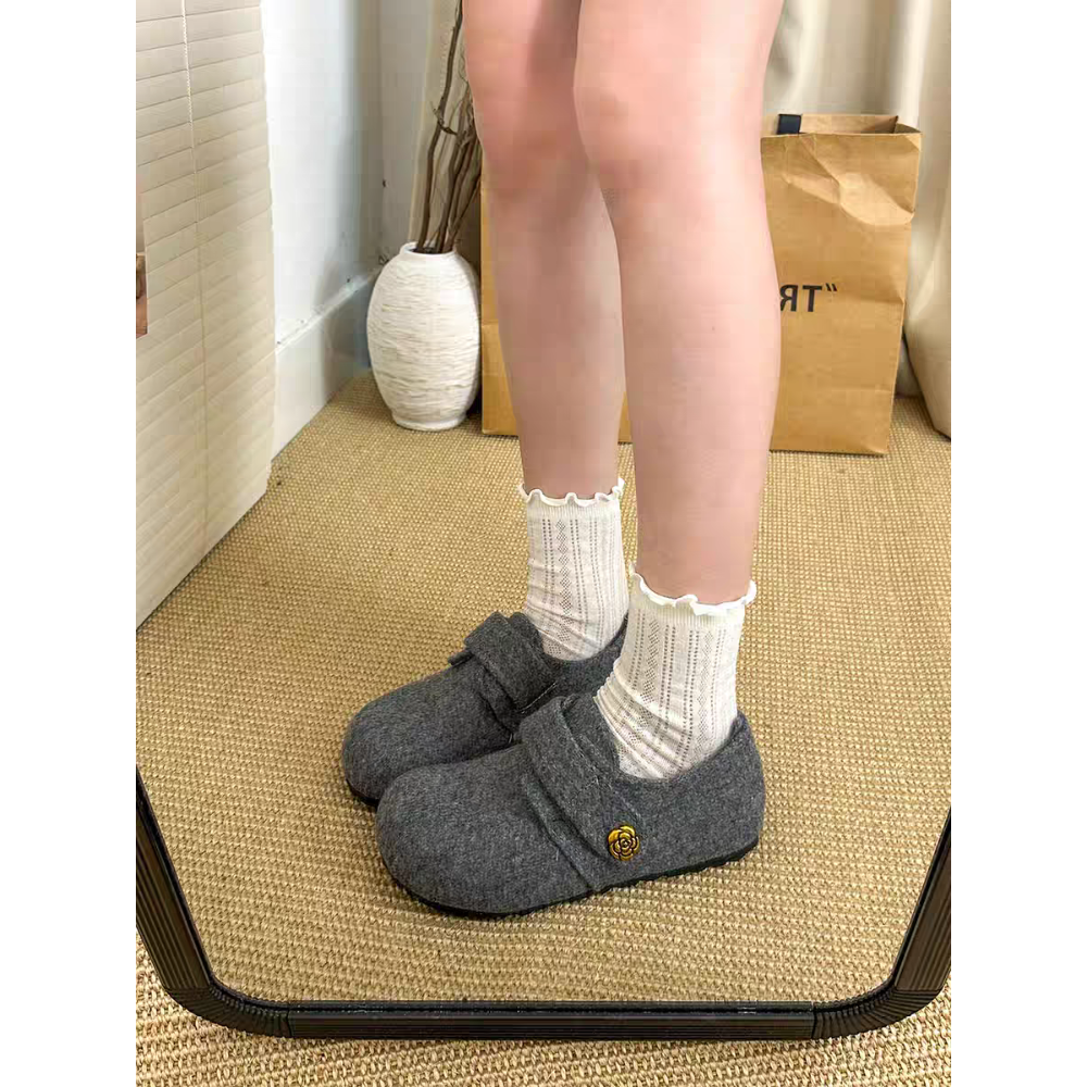 韓國 可愛 毛毛 毛呢 復古 方頭 包頭 一字扣帶 瑪麗珍鞋 平底鞋 包頭鞋 娃娃鞋 韓國女鞋 通勤鞋 休閒鞋 9133-細節圖2