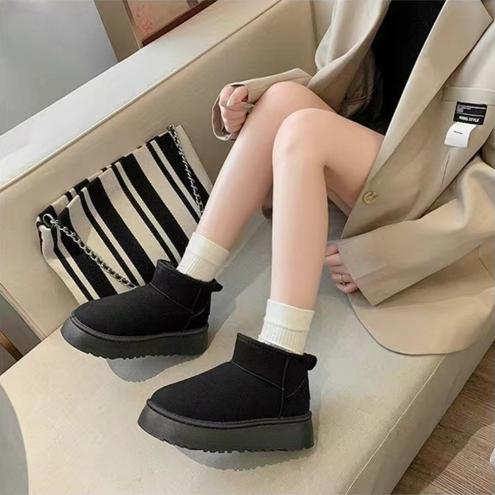 韓國東大門 可愛麂皮毛毛圓頭雪靴 舒適保暖雪靴 厚底毛毛雪靴 內刷毛羊羔毛 雪地靴 增高 厚底 短筒 保暖靴 G9902-細節圖3