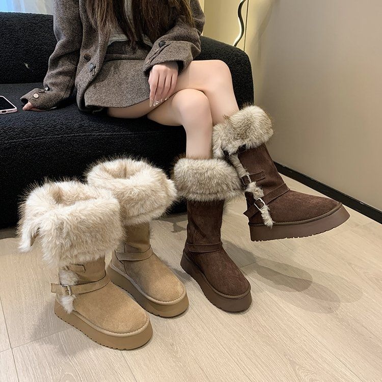 韓國東大門 粗跟厚底雪地靴 保暖加絨加厚短筒靴 防滑毛毛靴 厚底毛毛雪靴 雪地靴 增高 厚底 短筒 保暖靴 672-細節圖2