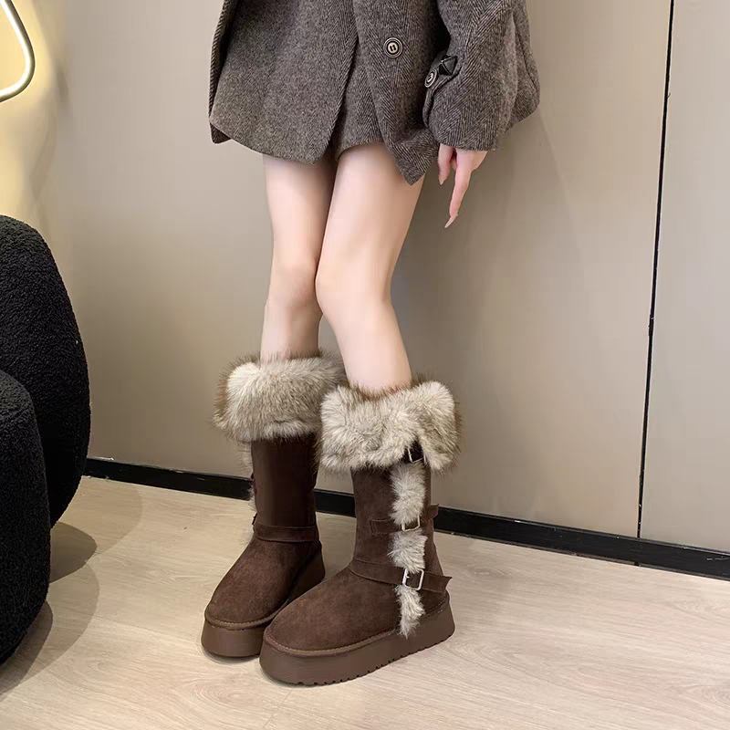 韓國東大門 粗跟厚底雪地靴 保暖加絨加厚短筒靴 防滑毛毛靴 厚底毛毛雪靴 雪地靴 增高 厚底 短筒 保暖靴 672-細節圖3