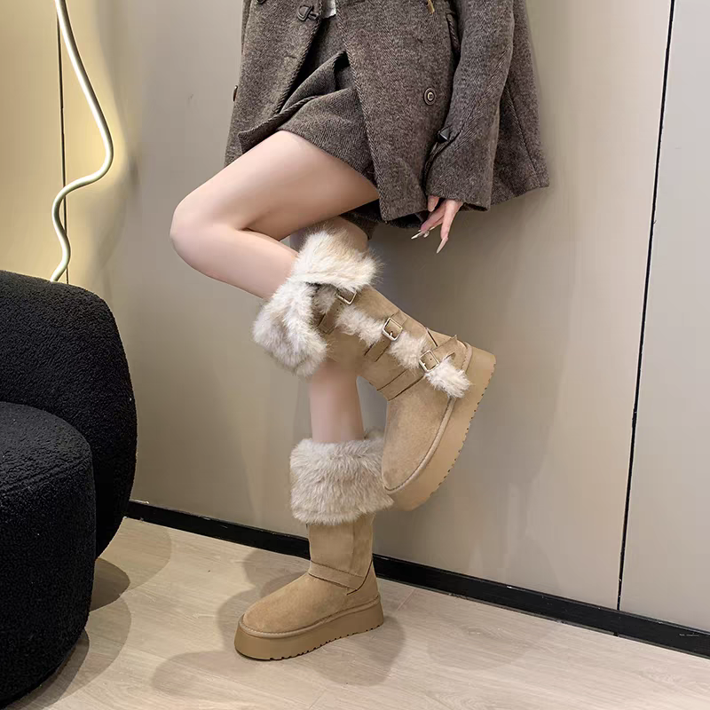 韓國東大門 粗跟厚底雪地靴 保暖加絨加厚短筒靴 防滑毛毛靴 厚底毛毛雪靴 雪地靴 增高 厚底 短筒 保暖靴 672-細節圖5