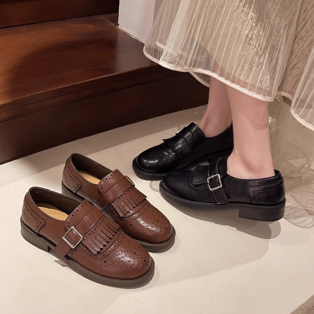 復古流蘇雕花小皮鞋 樂福小皮鞋 厚底大粗跟 方頭紳士鞋 復古英倫風 包鞋 厚底鞋 鬆糕底 增高底 紳士鞋 H8271-細節圖2