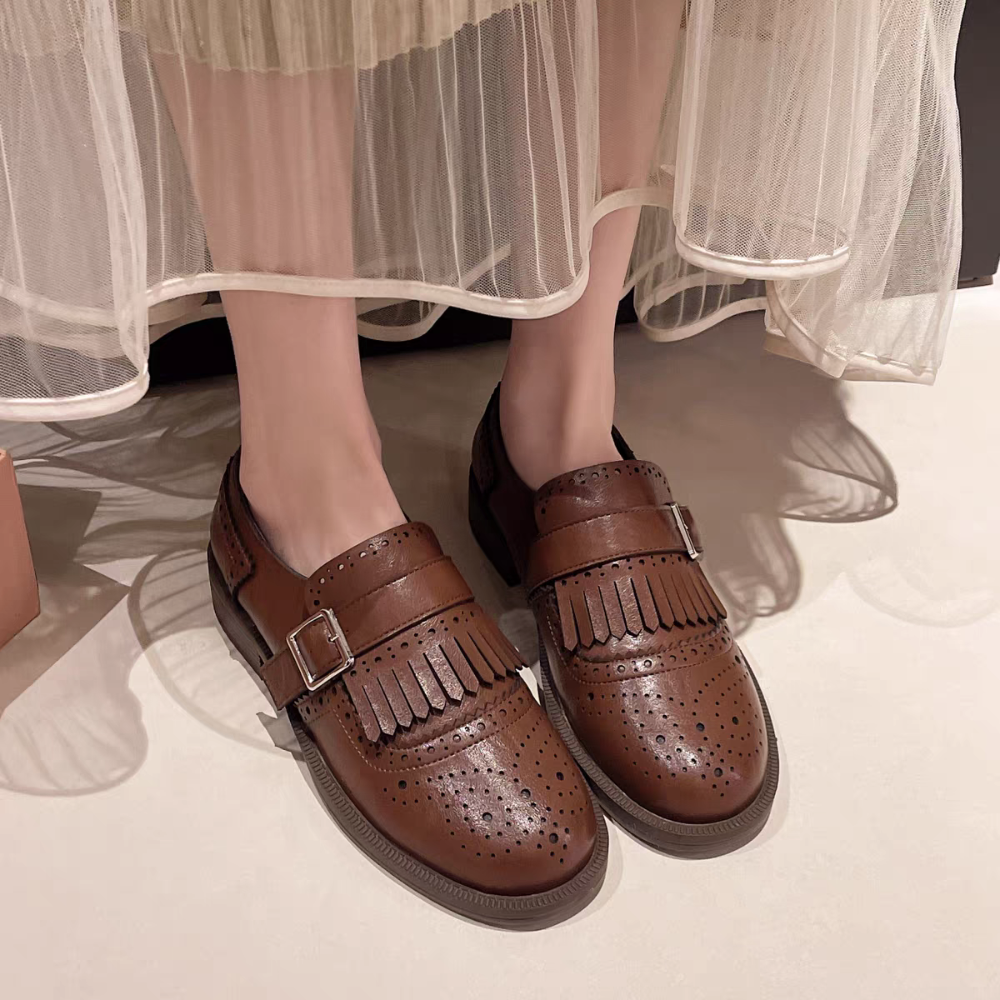 復古流蘇雕花小皮鞋 樂福小皮鞋 厚底大粗跟 方頭紳士鞋 復古英倫風 包鞋 厚底鞋 鬆糕底 增高底 紳士鞋 H8271-細節圖6