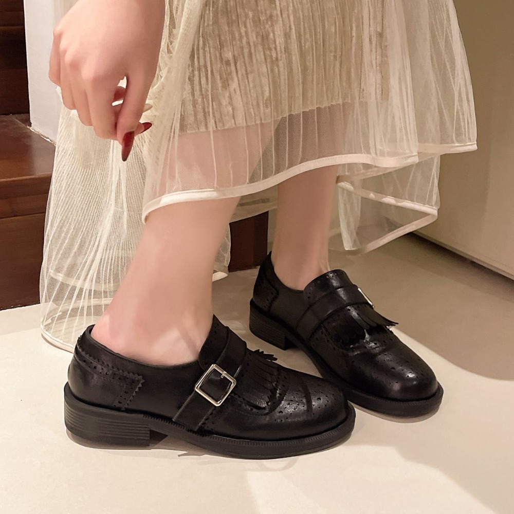 復古流蘇雕花小皮鞋 樂福小皮鞋 厚底大粗跟 方頭紳士鞋 復古英倫風 包鞋 厚底鞋 鬆糕底 增高底 紳士鞋 H8271-細節圖10