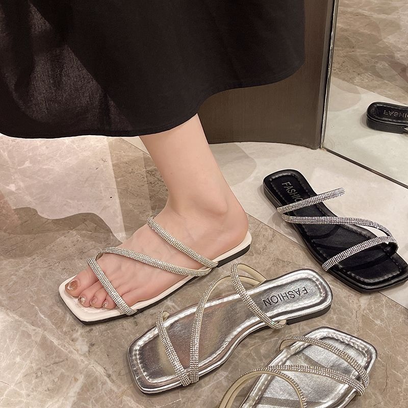 法式小香風涼拖鞋 水鑽一字拖鞋 韓版拖鞋 韓版毛呢拖鞋 顯瘦拖鞋 顯腿長 室內鞋 平底沙灘涼拖鞋 H2719-細節圖2