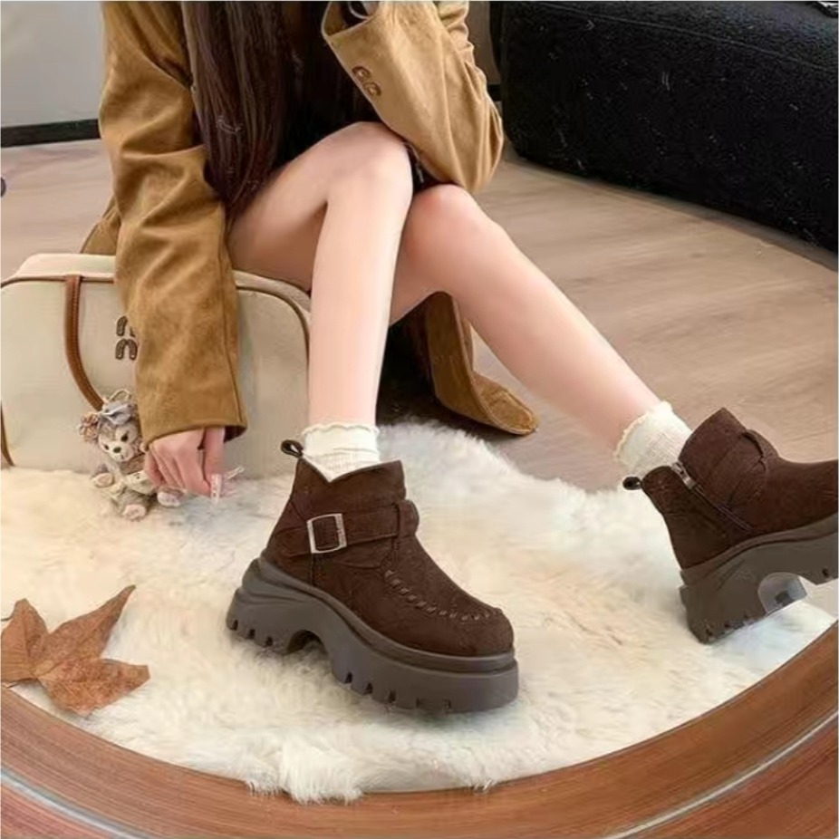 韓國東大門 可愛麂皮毛毛圓頭雪靴 舒適保暖雪靴 厚底毛毛雪靴 內刷毛羊羔毛 雪地靴 增高 厚底 短筒 保暖靴 9-1-細節圖2