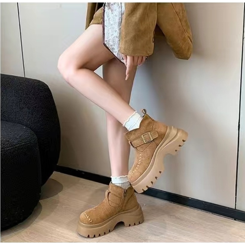 韓國東大門 可愛麂皮毛毛圓頭雪靴 舒適保暖雪靴 厚底毛毛雪靴 內刷毛羊羔毛 雪地靴 增高 厚底 短筒 保暖靴 9-1-細節圖6