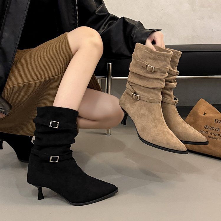麂皮尖頭細跟扣環長靴 堆堆靴 抓皺 低跟長靴 中筒靴 保暖靴 絨面靴 女靴 長靴 粗跟 靴子 瘦瘦靴 英倫風929-15-細節圖3