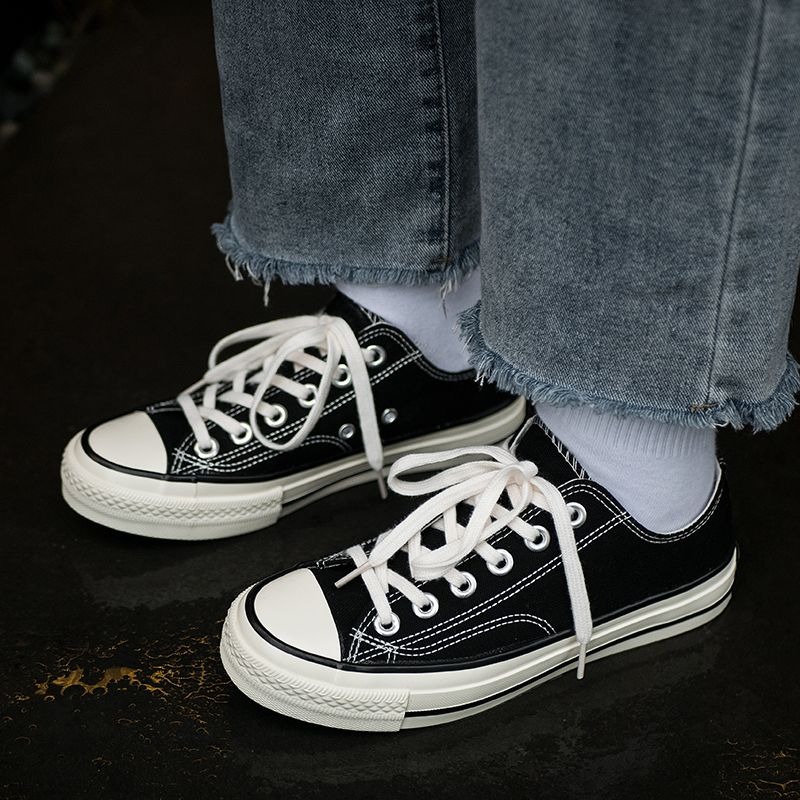 男女低筒帆布鞋 奶油頭 黑低 黑色 黑白 全黑鞋 經典款 情侶鞋 素面帆布鞋 休閒鞋 小白鞋 通勤鞋 平底鞋MIS-18-細節圖2