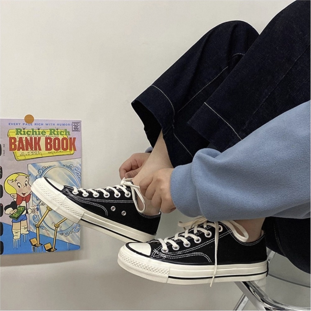 男女低筒帆布鞋 奶油頭 黑低 黑色 黑白 全黑鞋 經典款 情侶鞋 素面帆布鞋 休閒鞋 小白鞋 通勤鞋 平底鞋MIS-18-細節圖4