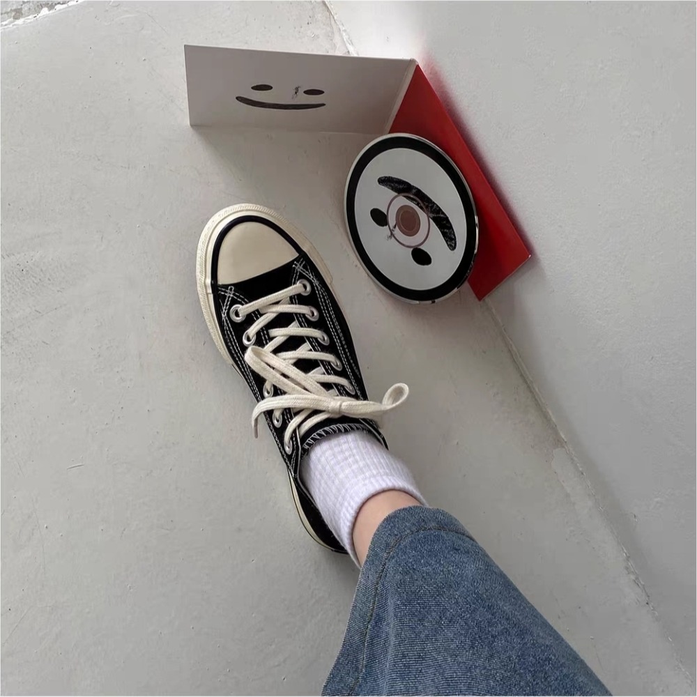 男女低筒帆布鞋 奶油頭 黑低 黑色 黑白 全黑鞋 經典款 情侶鞋 素面帆布鞋 休閒鞋 小白鞋 通勤鞋 平底鞋MIS-18-細節圖6