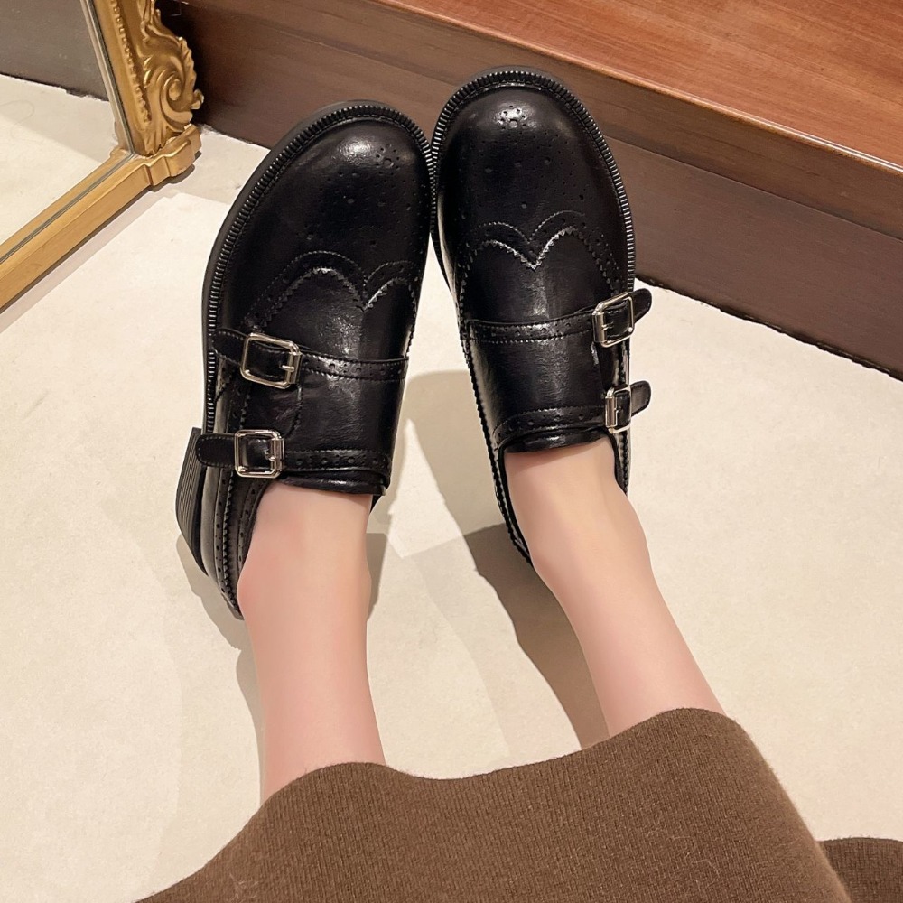 韓國東大門 雕花皮革雙扣環低跟包鞋 復古厚底 粗跟樂福鞋 學生鞋 OL上班鞋 牛津鞋 樂福鞋 皮鞋 鞋子 軟底H9081-細節圖4