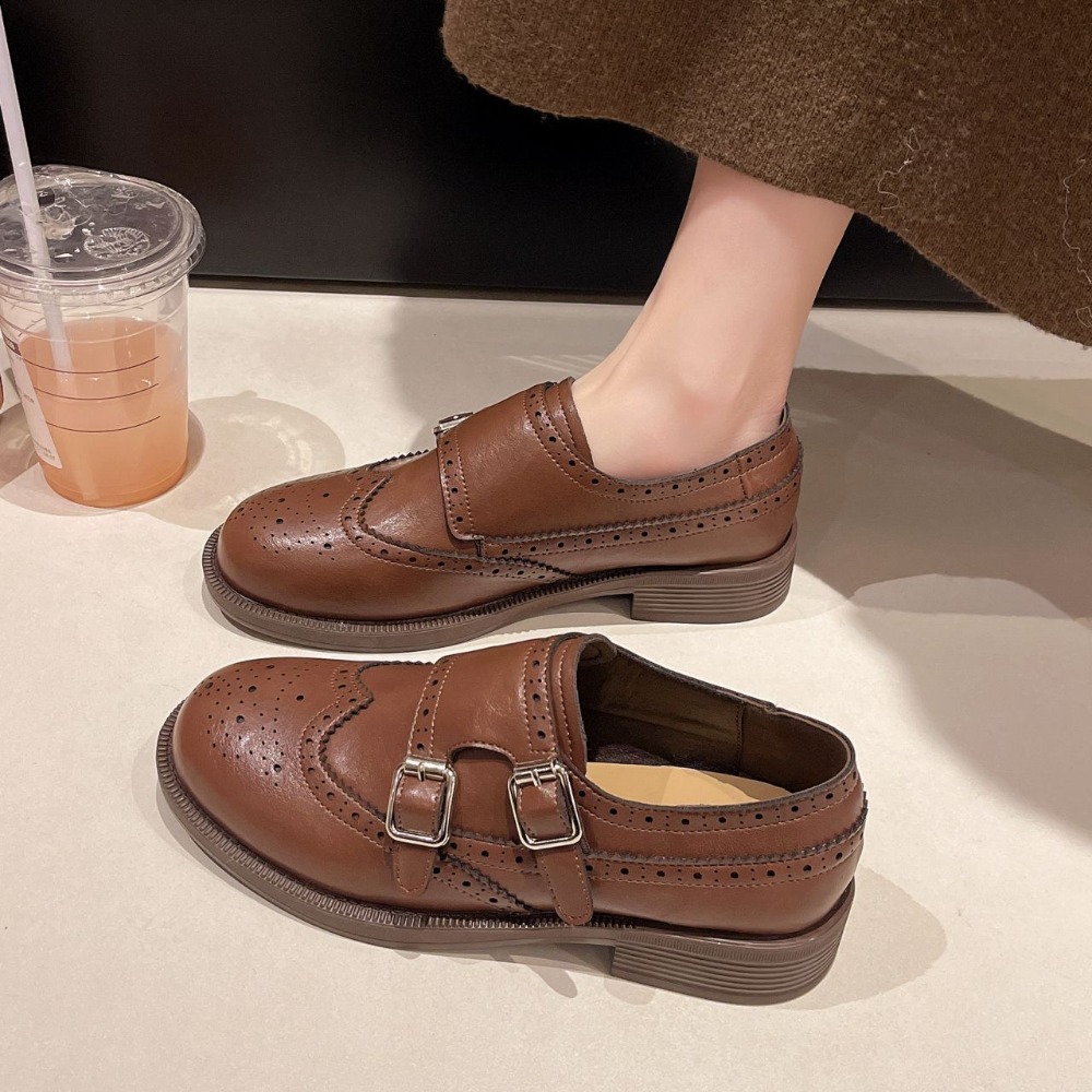 韓國東大門 雕花皮革雙扣環低跟包鞋 復古厚底 粗跟樂福鞋 學生鞋 OL上班鞋 牛津鞋 樂福鞋 皮鞋 鞋子 軟底H9081-細節圖6