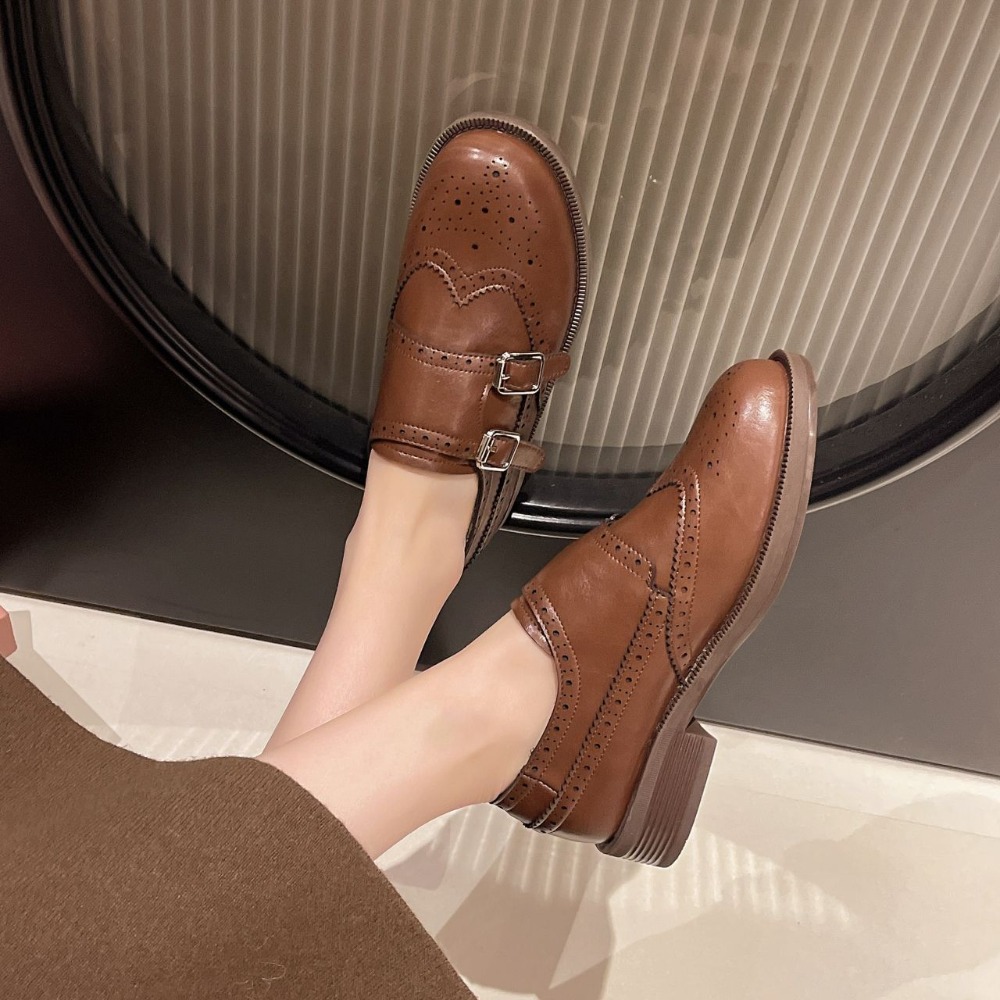 韓國東大門 雕花皮革雙扣環低跟包鞋 復古厚底 粗跟樂福鞋 學生鞋 OL上班鞋 牛津鞋 樂福鞋 皮鞋 鞋子 軟底H9081-細節圖7