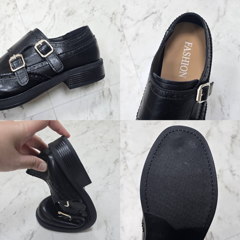 韓國東大門 雕花皮革雙扣環低跟包鞋 復古厚底 粗跟樂福鞋 學生鞋 OL上班鞋 牛津鞋 樂福鞋 皮鞋 鞋子 軟底H9081-細節圖11