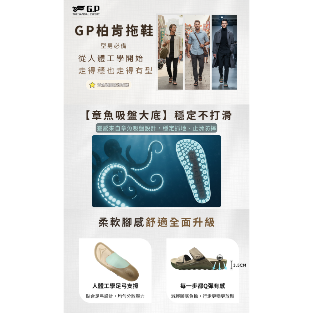 【GP】速排水機能拖鞋 章魚吸盤強效抓地 人體工學緩震減壓 男款章魚吸盤極限抓地 乾爽排水不黏腳 G5645M-細節圖3