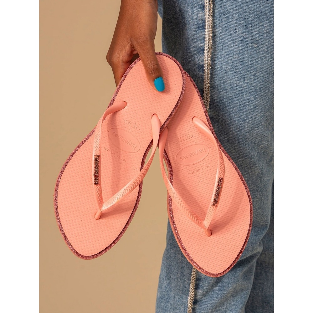 Havaianas哈瓦仕 Slim 細帶 亮粉 金蔥 邊框 夾腳拖 女 人字拖 涼拖鞋 海灘 巴西 橡膠 正版 粉 黑-細節圖3