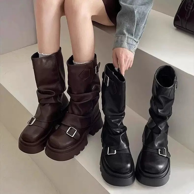 厚底馬丁靴 增高靴 厚底靴子 美拉德中筒靴 女靴 复古高筒靴 咖啡色靴子 韓國靴子 套筒機車靴 牛仔靴 H727-細節圖2