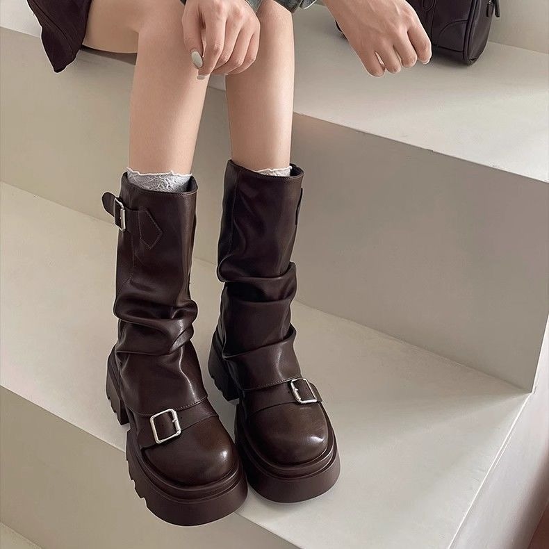 厚底馬丁靴 增高靴 厚底靴子 美拉德中筒靴 女靴 复古高筒靴 咖啡色靴子 韓國靴子 套筒機車靴 牛仔靴 H727-細節圖8