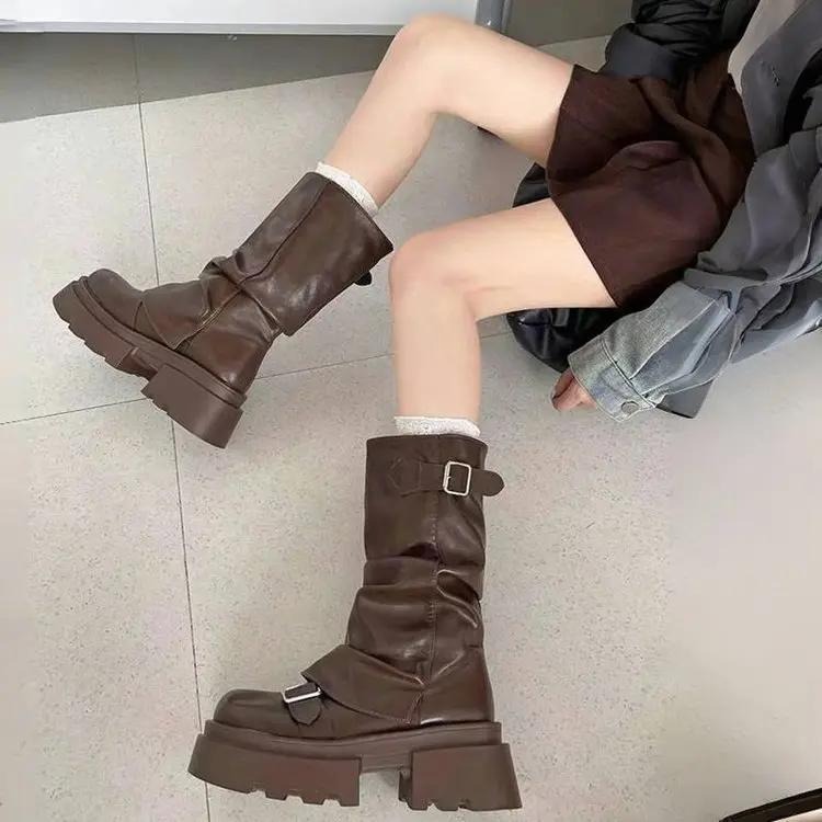 厚底馬丁靴 增高靴 厚底靴子 美拉德中筒靴 女靴 复古高筒靴 咖啡色靴子 韓國靴子 套筒機車靴 牛仔靴 H727-細節圖11