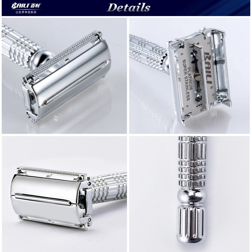 BAILI 百利旋開封閉式刀架 傳統刮鬍刀 閃光銀 - 傳統 雙刃 雙面 手動 老式 安全 刮鬍刀-細節圖3