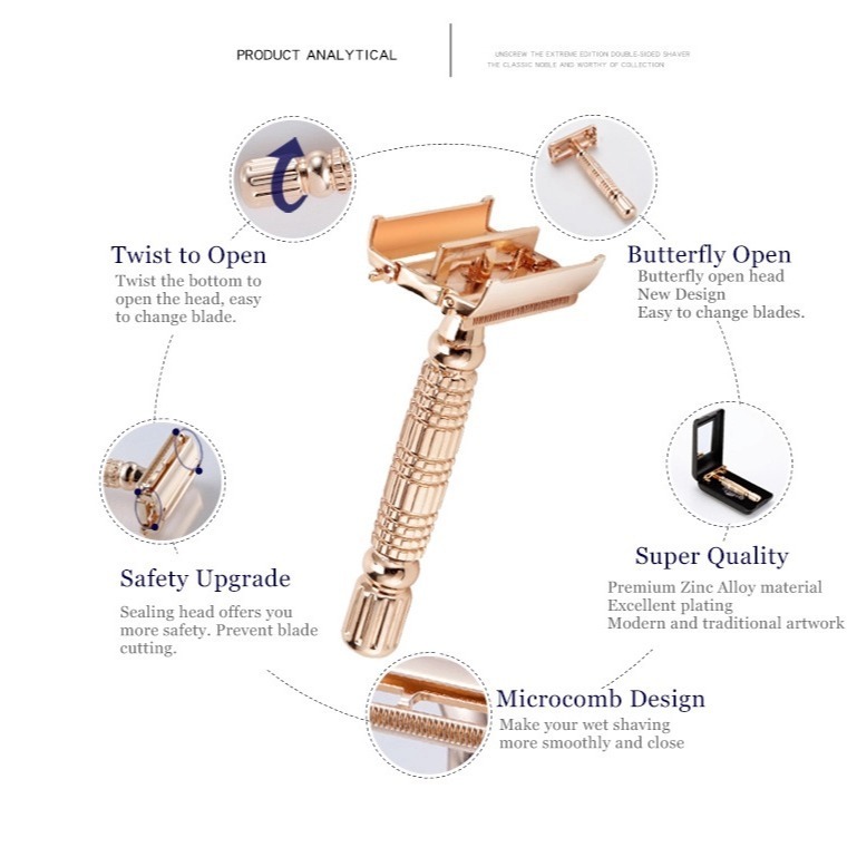 BAILI 百利旋開封閉式刀架 傳統刮鬍刀 玫瑰金 - 傳統 雙刃 雙面 手動 老式 安全 刮鬍刀-細節圖2