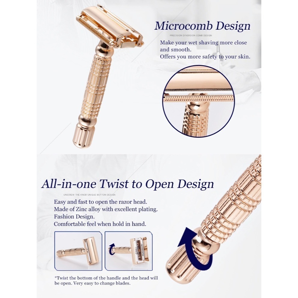 BAILI 百利旋開封閉式刀架 傳統刮鬍刀 玫瑰金 - 傳統 雙刃 雙面 手動 老式 安全 刮鬍刀-細節圖4