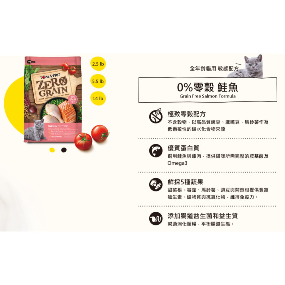 【TOMA-PRO優格】天然零穀 貓飼料 5.5磅 5種魚 五種魚 鮭魚 室內貓 體重控制-細節圖2