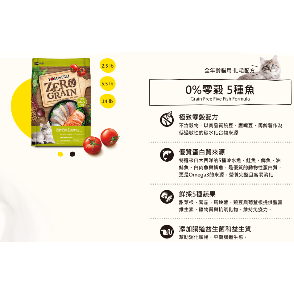 【TOMA-PRO優格】天然零穀 貓飼料 5.5磅 5種魚 五種魚 鮭魚 室內貓 體重控制-細節圖3