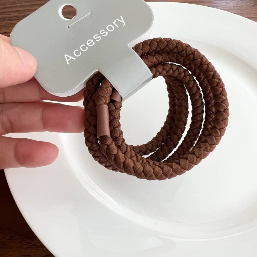 韓國奶咖色編織高彈力髮圈五入-細節圖2