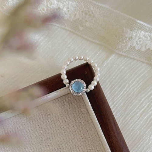 輕奢藍色貓眼石復古珍珠戒指