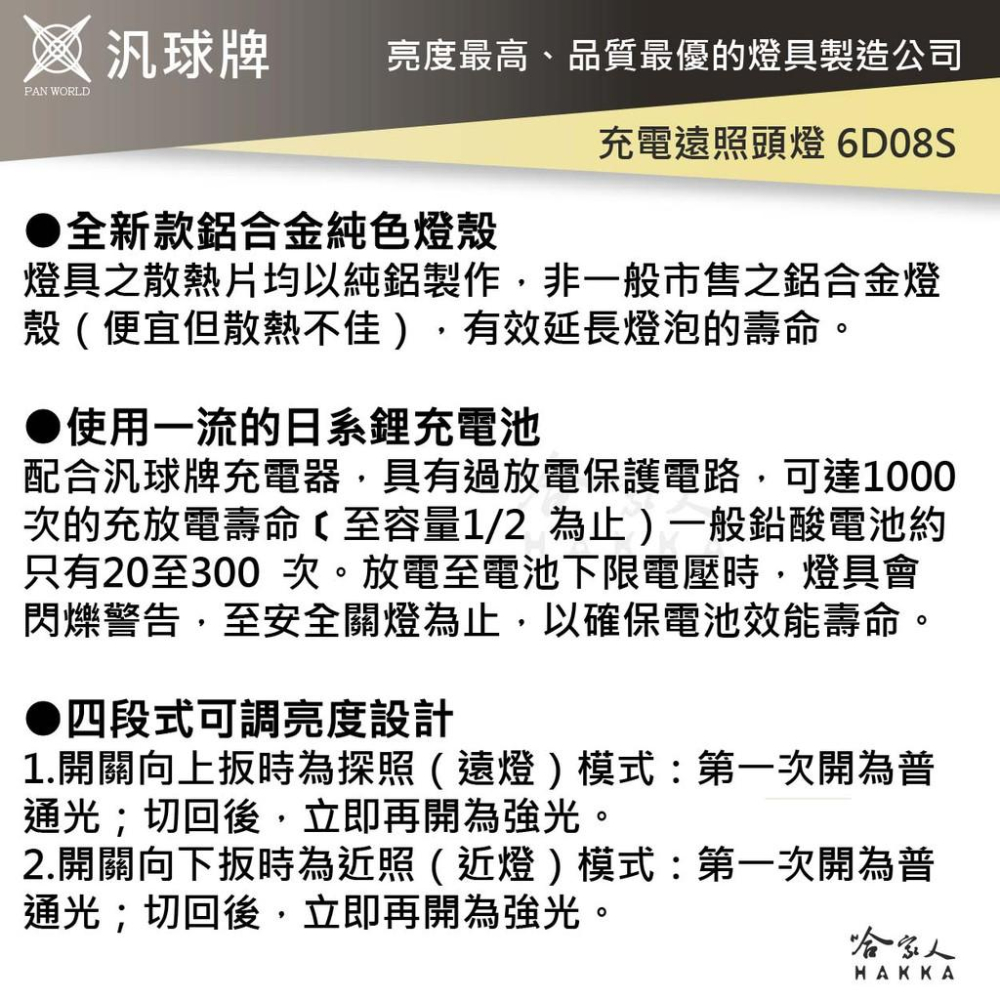 汎球牌 6D08S 新款 四段式 LED 頭燈 300M 照明 鋁合金 台灣製造 登山頭燈 探照 打獵 修車 哈家人-細節圖2