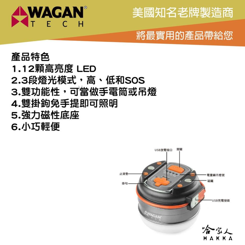 WAGAN LED 磁吸式 充電露營燈 IPX4 防水 戶外燈 營地燈 吊燈 磁鐵 野營燈 帳篷燈 戶外燈 哈家人-細節圖2