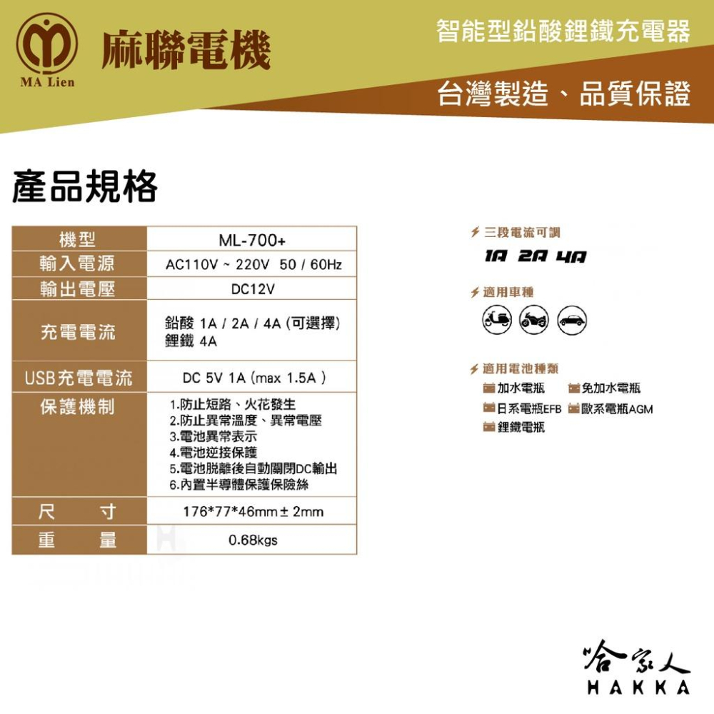 麻聯電機 ML 700+ 免運 全自動鋰鐵電池充電器 免拆 汽車 機車 電瓶充電機 ML-700+ 兩年保固 哈家人-細節圖3