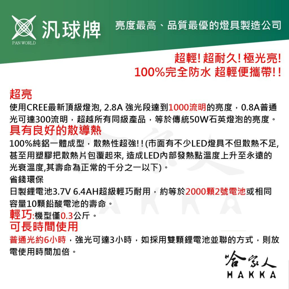 汎球牌 10D09 8D09 LED 遠照頭燈 3.7V 6400MA 專用電池 哈家人-細節圖4