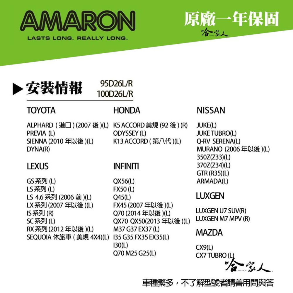 AMARON 愛馬龍 95D26L TOYOTA  PREVIA 蓄電池 汽車電池 電瓶 80D26R 哈家人-細節圖4