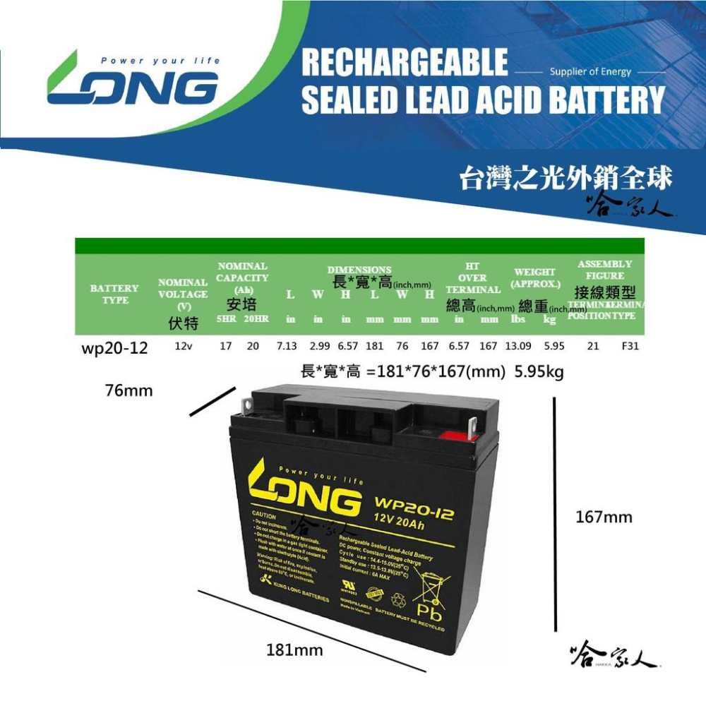 LONG 廣隆光電 WP20-12 NP 12V 20Ah UPS 不斷電系統 玩具車 超級電匠 密閉式電池 哈家人-細節圖3