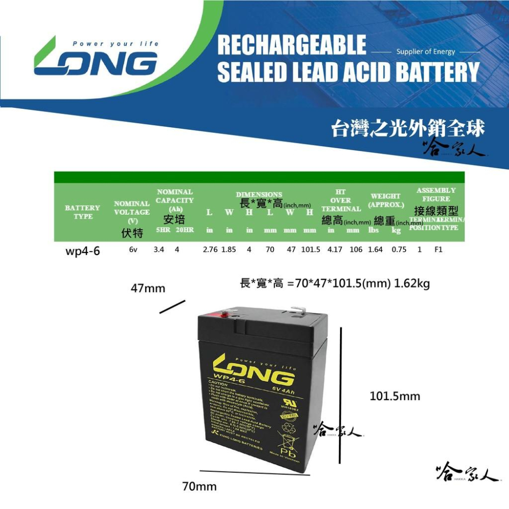 【LONG廣隆光電】WP 4-6 NP 6V 4Ah UPS 不斷電系統   電動車 通訊系統 密閉式電池 哈家人-細節圖4