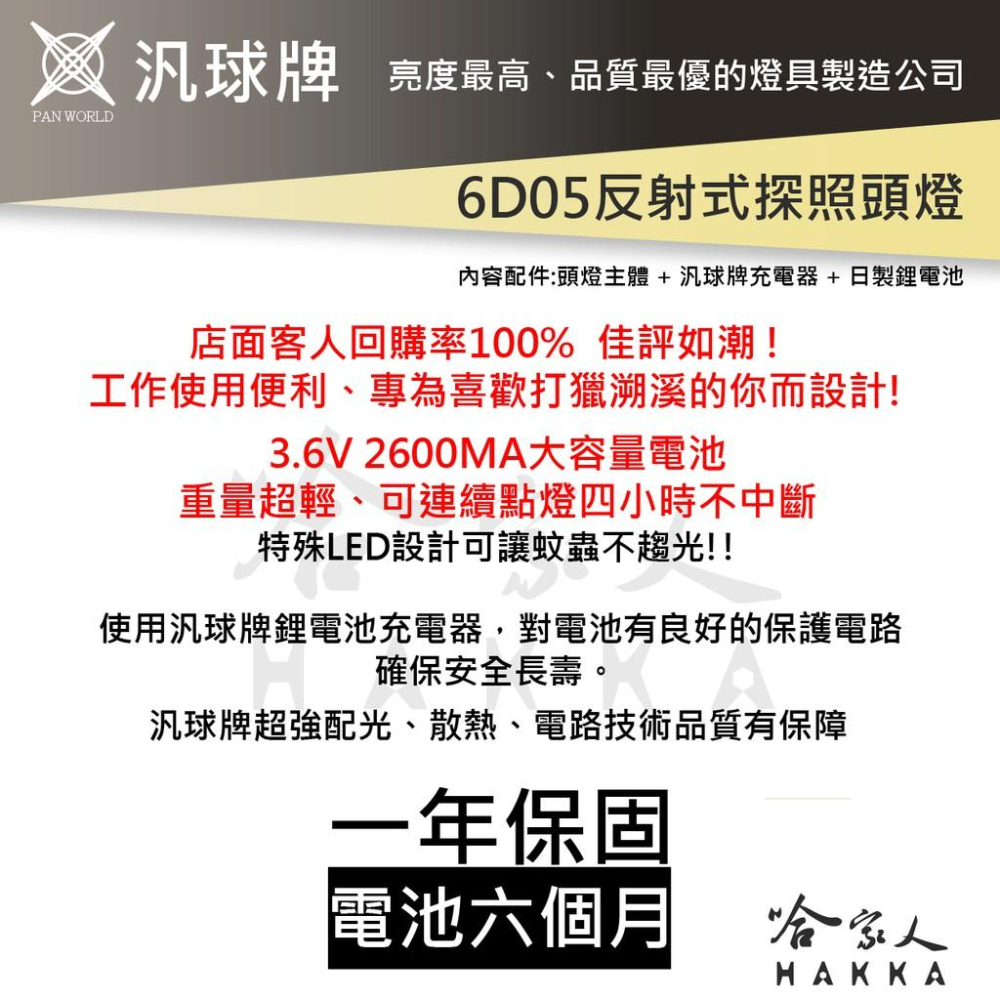 【 汎球牌 】反射式探照頭燈 6D05 頭燈6W 300M 登山頭燈 探照頭燈 打獵 修車 專用 一年保固【哈!家人!】-細節圖3