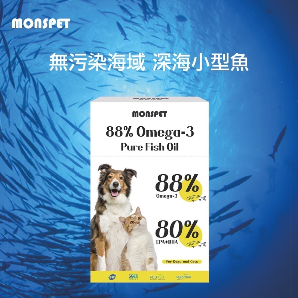 🔆限時免運【MONSPET】88%Omega-3頂級寵物魚油美毛護膚眼睛保健[60顆/盒]犬貓適用-官方直營-細節圖2
