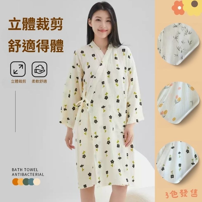👍凱美棉業｜日式睡袍女雙層紗布純棉睡衣短袖浴袍汗蒸服甜美可愛家居服可外穿-細節圖2