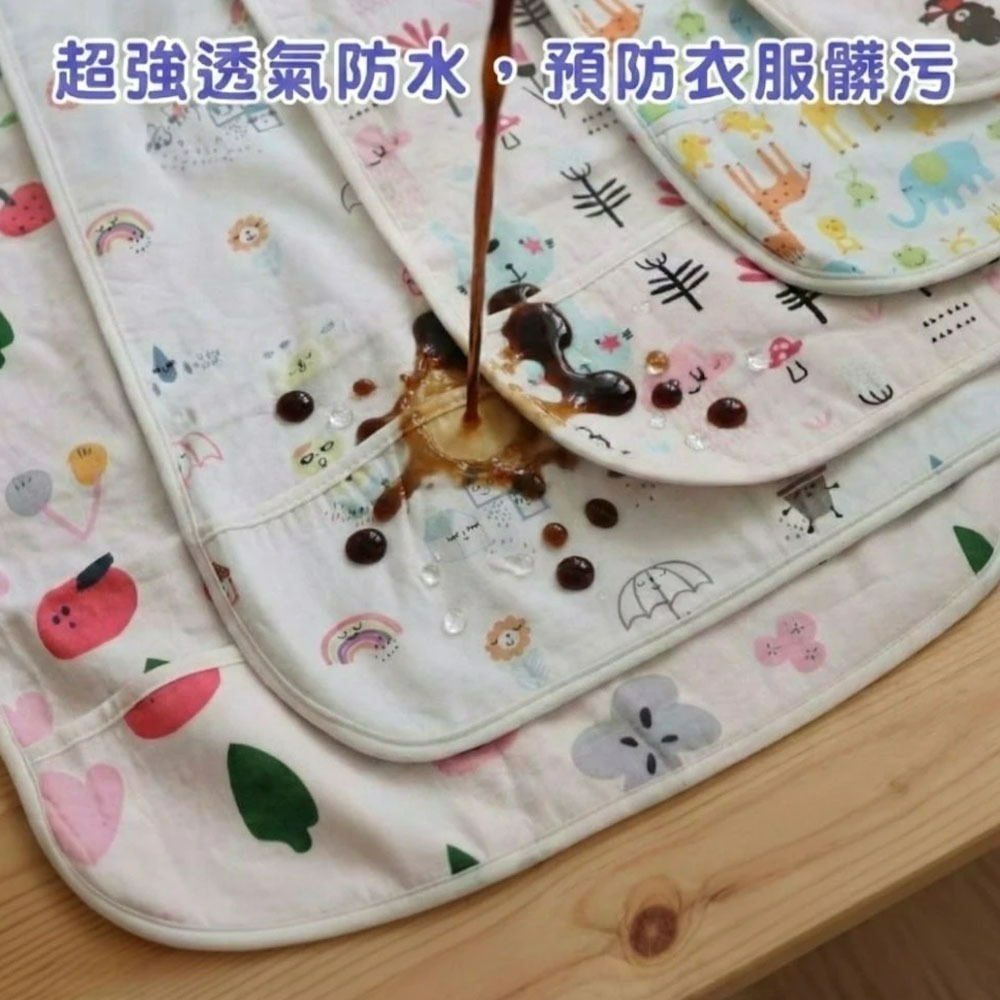 凱美棉業【台灣設計】成人純棉紗布防水圍兜 雙面吸水防漏食物袋 長輩銀髮/居家照護進食圍裙 頂級多層結構 療癒系印花-細節圖3