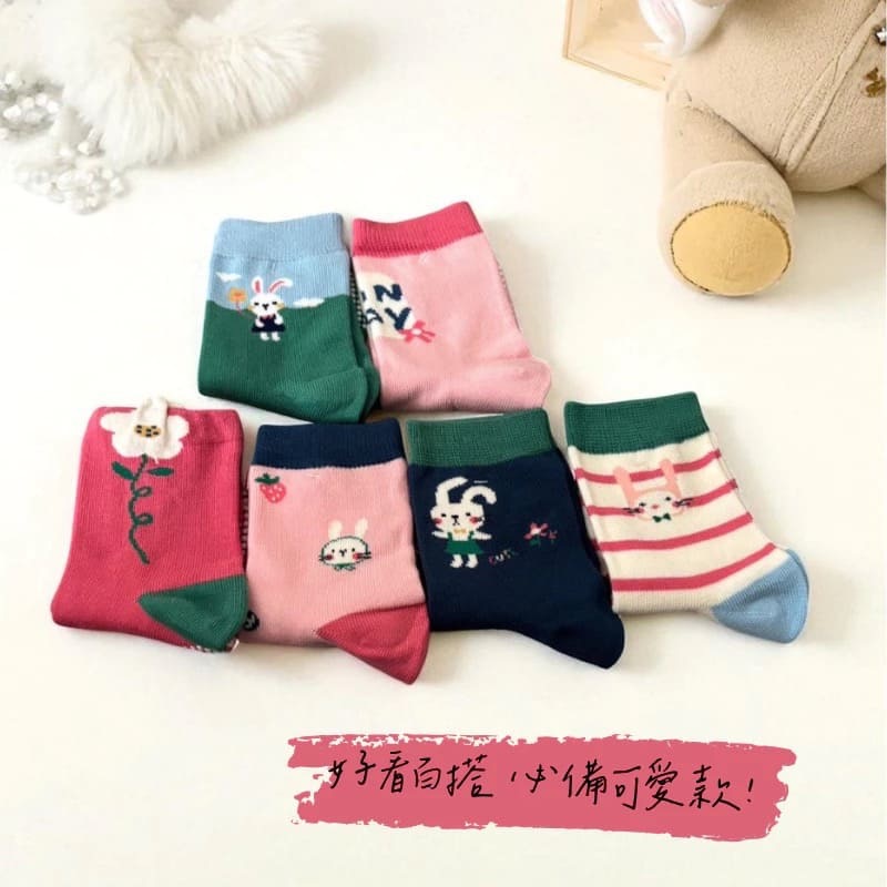👍凱美棉業｜純棉止滑童襪 小花兔兔款 可愛女童襪 兔兔童襪 小花童襪 13-16cm-細節圖4