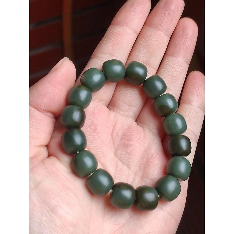 【珠串】和田玉 青玉偏藍調，帶糖色 老形珠手串 啞光 手串-細節圖3